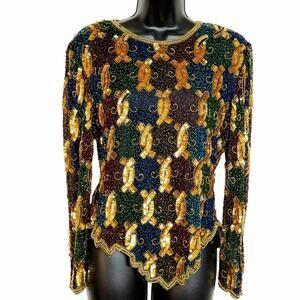 VINTAGE 80s 90s LAURENCE KAZAR RETRO GOLD MULTICOLOR BEADED SEQUIN TOP SIZE P M